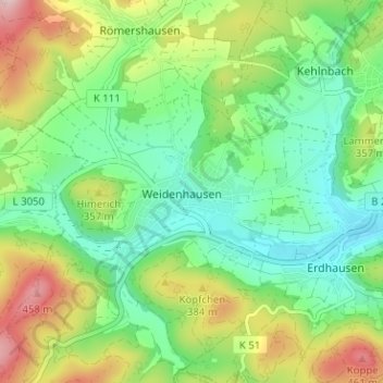 Weidenhausen topographic map, elevation, terrain