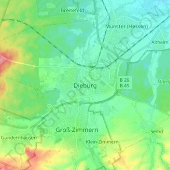 Dieburg topographic map, elevation, terrain