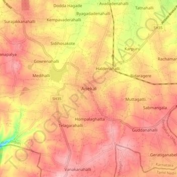 Anekal topographic map, elevation, terrain