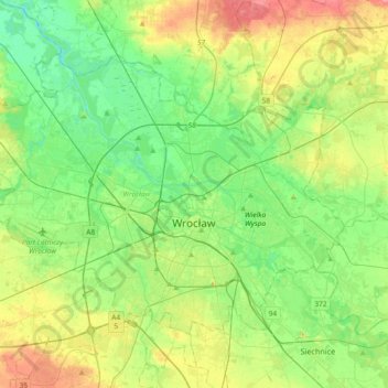 Wrocław topographic map, elevation, terrain