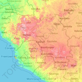 Guinea topographic map, elevation, terrain