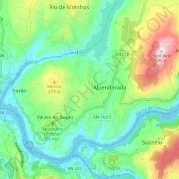 Alpendorada, Várzea e Torrão topographic map, elevation, terrain