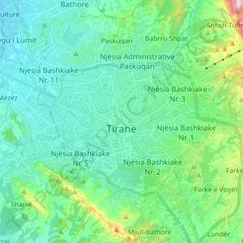 Tirana topographic map, elevation, terrain