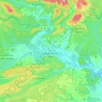 Cessenon-sur-Orb topographic map, elevation, terrain