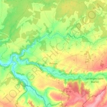Prissac topographic map, elevation, terrain