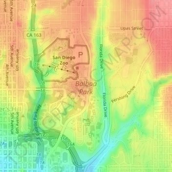 Balboa Park topographic map, elevation, terrain