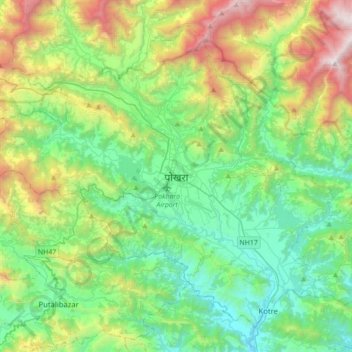 Pokhara topographic map, elevation, terrain