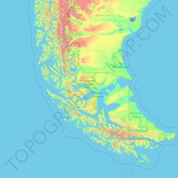 XII Region of Magallanes and Chilean Antarctica topographic map, elevation, terrain