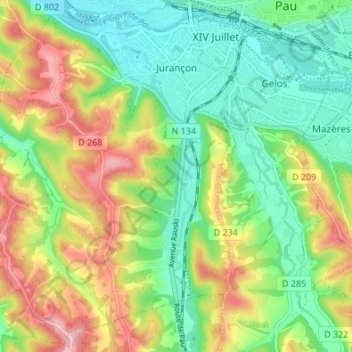 Jurançon topographic map, elevation, terrain