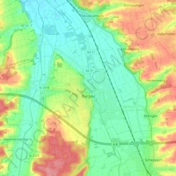 Burgau topographic map, elevation, terrain