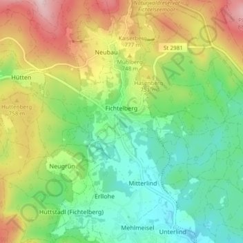 Fichtelberg topographic map, elevation, terrain