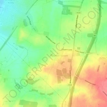 Dunton Bassett topographic map, elevation, terrain