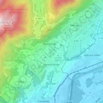 Verrens-Arvey topographic map, elevation, terrain