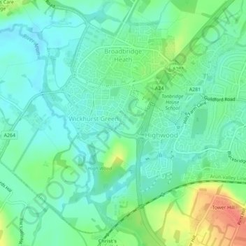 Broadbridge Heath topographic map, elevation, terrain