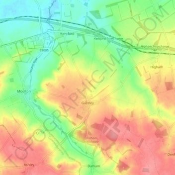 Gazeley topographic map, elevation, terrain