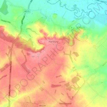 Hanbury topographic map, elevation, terrain