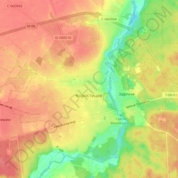 Korostyshiv topographic map, elevation, terrain