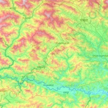 Syangja topographic map, elevation, terrain