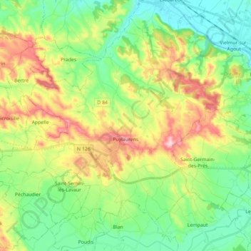 Puylaurens topographic map, elevation, terrain
