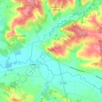 Duras topographic map, elevation, terrain