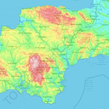 Devon topographic map, elevation, terrain