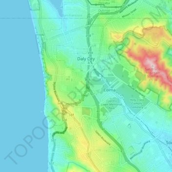 Daly City topographic map, elevation, terrain