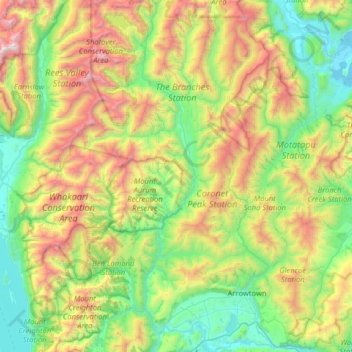 Shotover River topographic map, elevation, terrain