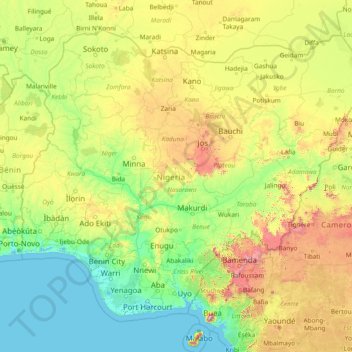 Nigeria topographic map, elevation, relief
